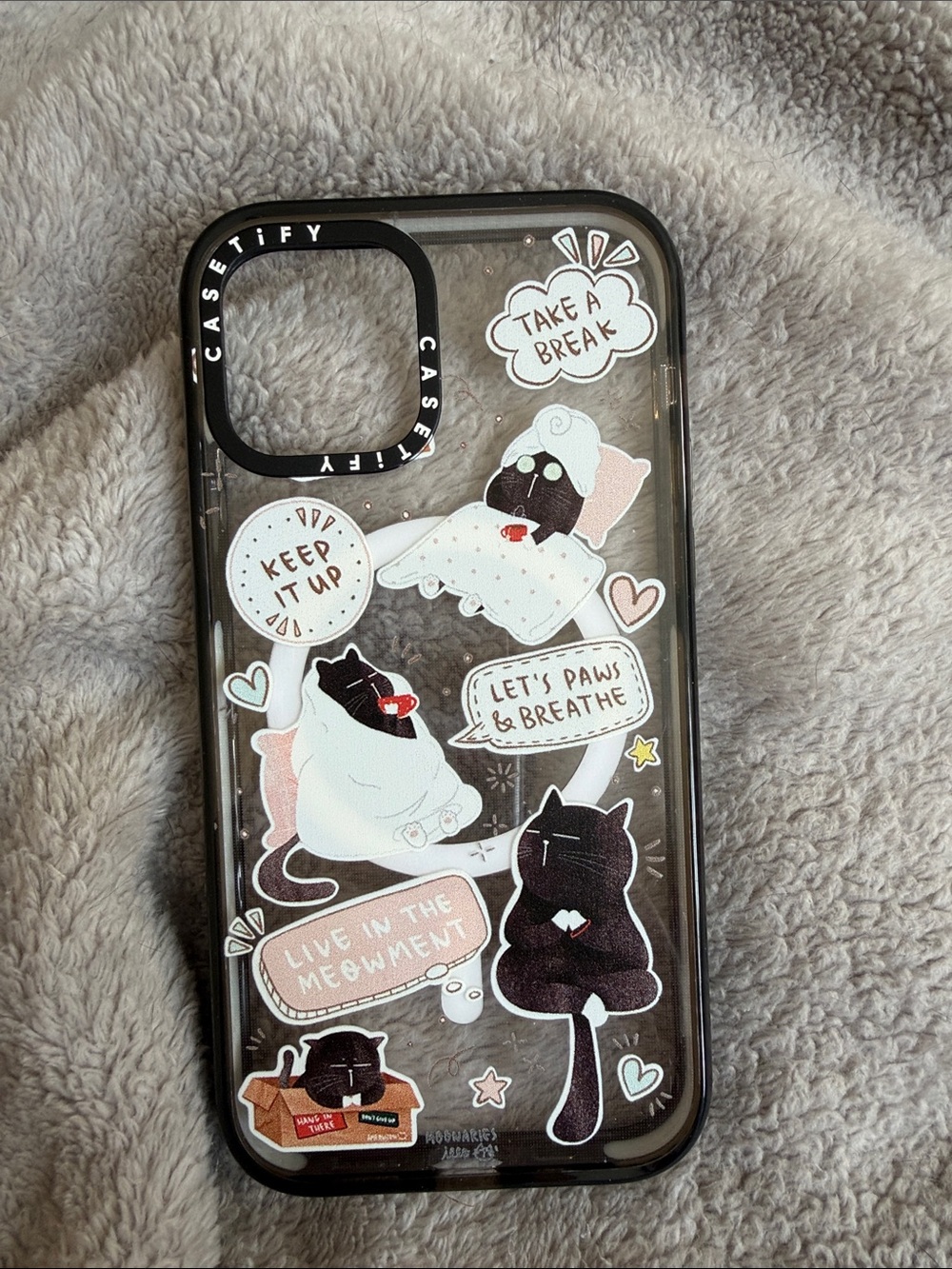 Casetify Clear iPhone 12 Case with Black Trim and Pastel Cat Stickers
